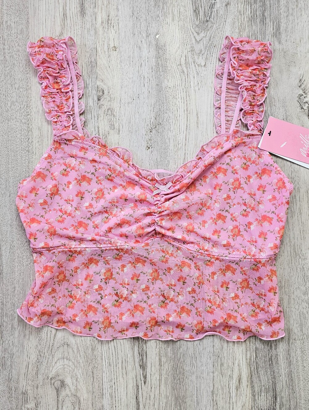 New Mills Coquette Ruffle Floral Mesh Bralette